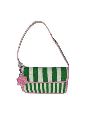 NWT Viral TikTok Beaded Pink Green Striped Handbag Purse Bag Made India NEW